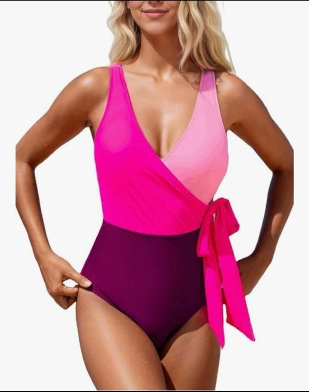 Cupshe Colorblock Wrap-Front One-Piece Swimsuit with Side Tie, Medium